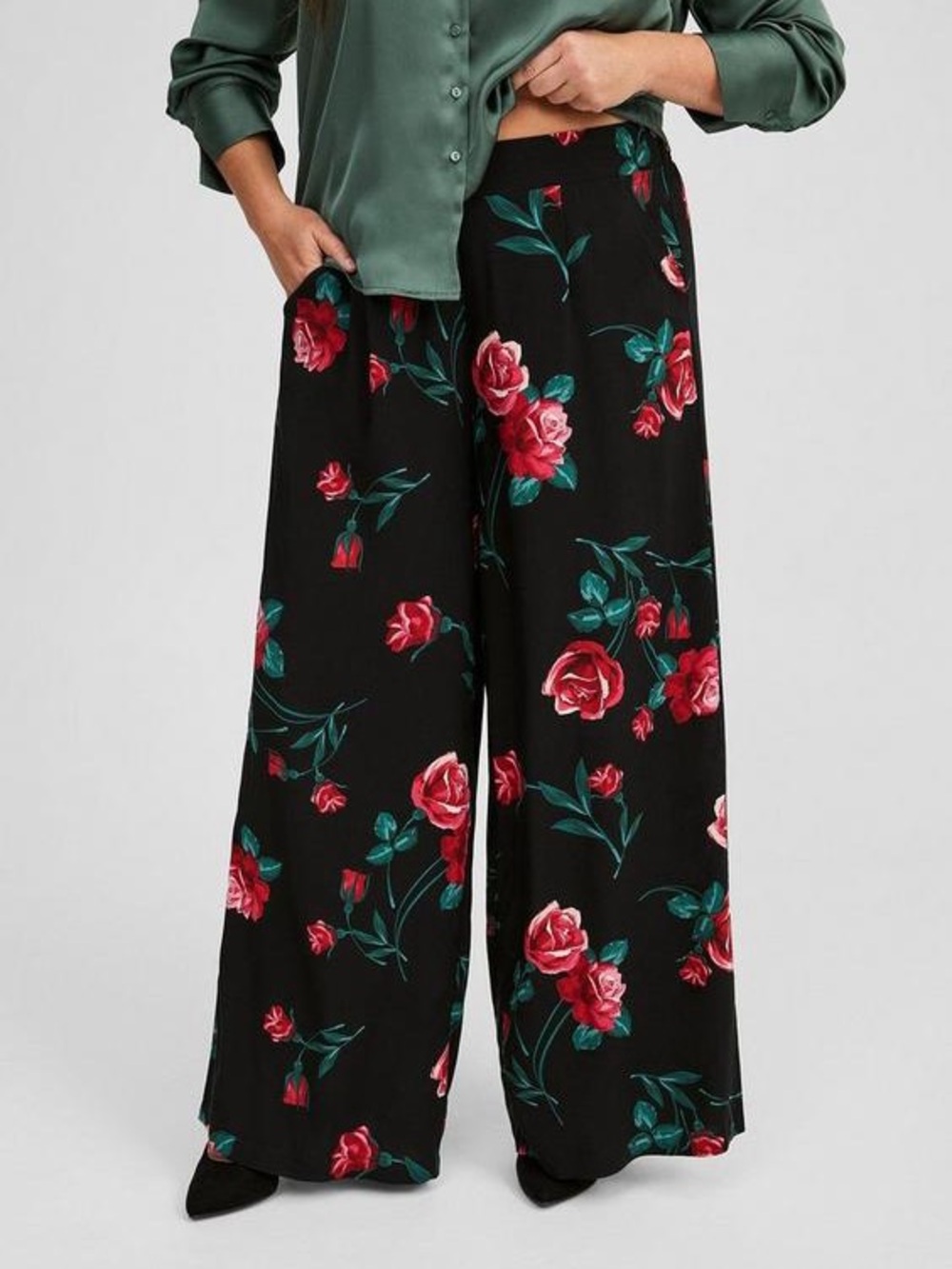 torrid Black Wide-Leg Pants with Red Rose Print